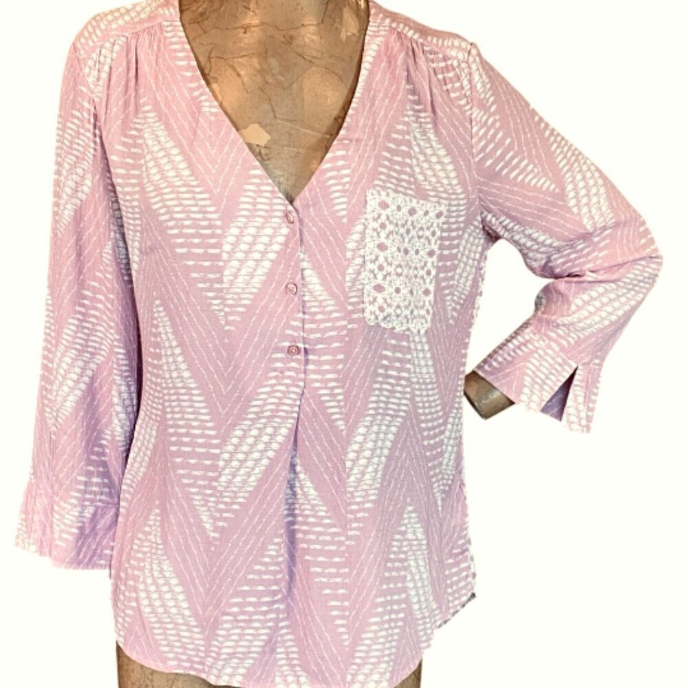 Fred David Chevron V-Neck Blouse XL‎ Dusty Rose #96F